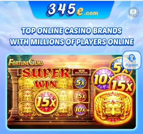 345e Game casino banner showing Fortune Gems Super Win feature with multipliers up to 15x
