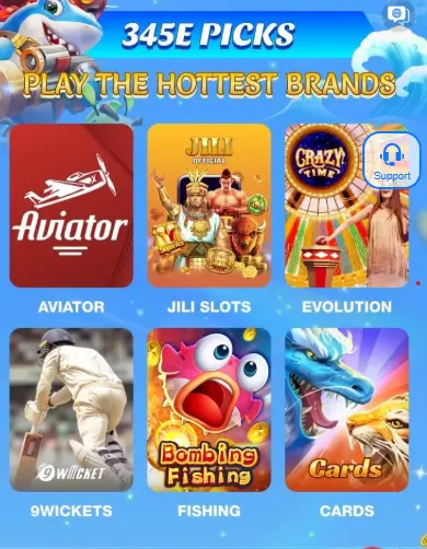 345e Game picks screen showing popular casino games like Aviator, Jili slots, fishing and card games
