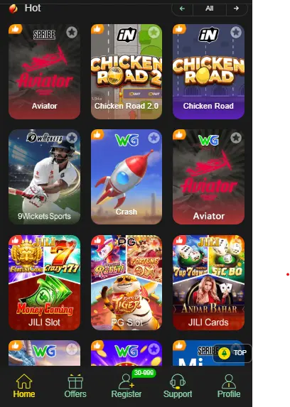 A555 game app showing popular real money games like Aviator, Money Coming, Crash, and card games