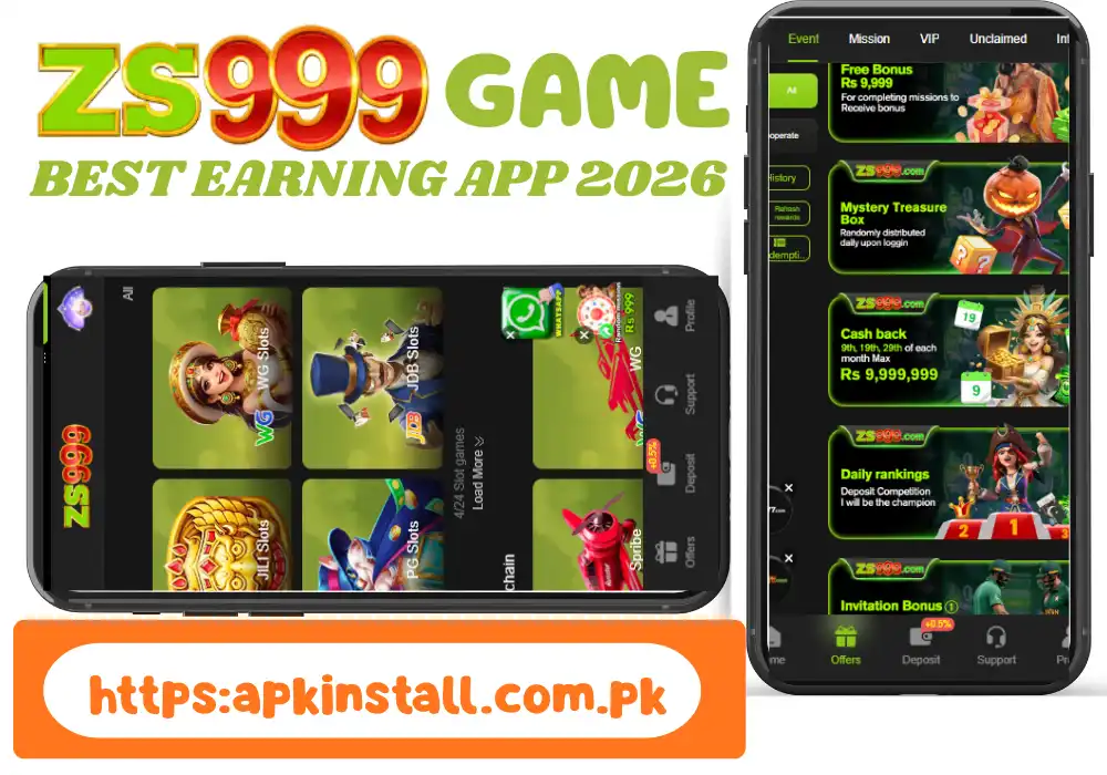 zs999 game best earning app 2026 interface shown on apkinstall.com.pk