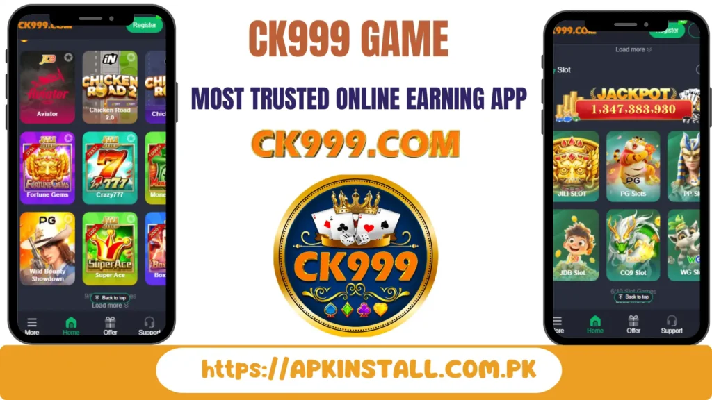 CK999 game app interface showing online earning features on apkinstall.com.pk