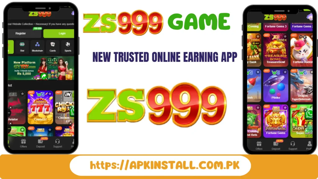 zs777 game online earning app interface showing casino games on apkinstall.com.pk