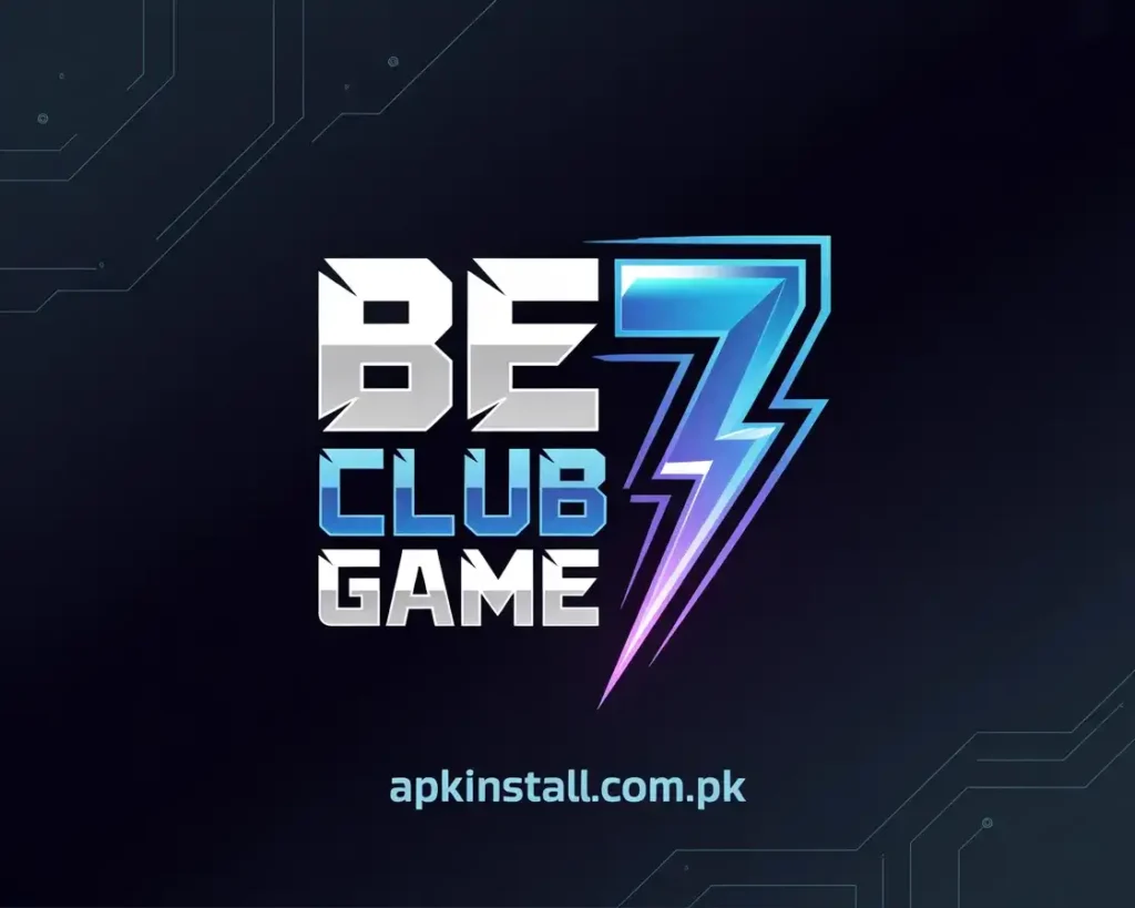 BE7 Club Game brand logo with lightning design and site name apkinstall.com.pk