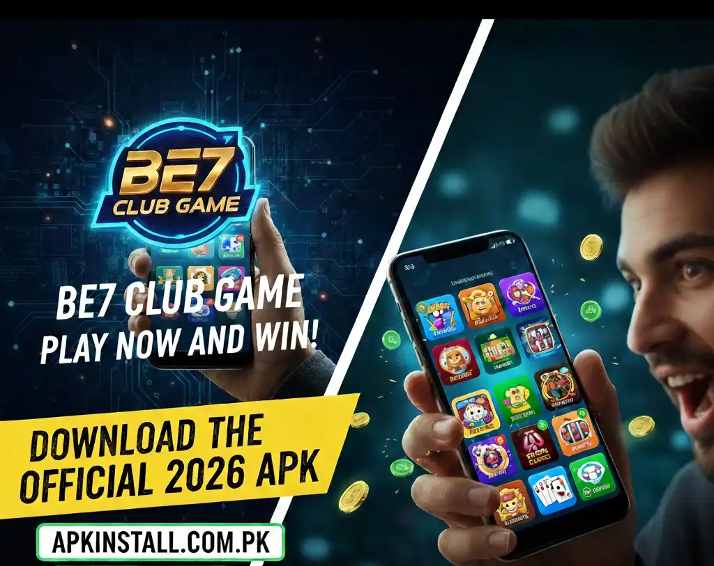 BE7 Club Game 2026 APK download screen showing gameplay icons and winning interface on Android by APKINSTALL.COM.PK