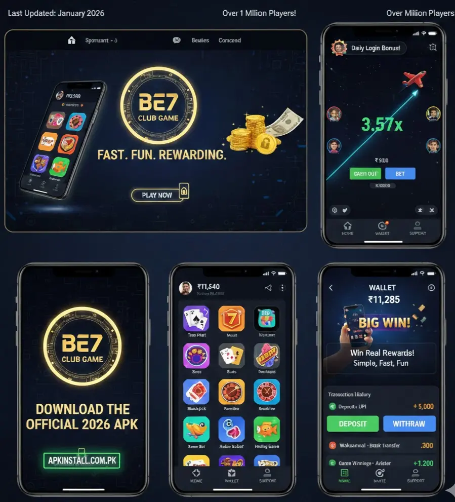 BE7 Club Game 2026 APK interface showing games, wallet, rewards, and download screen on Android by APKINSTALL.COM.PK