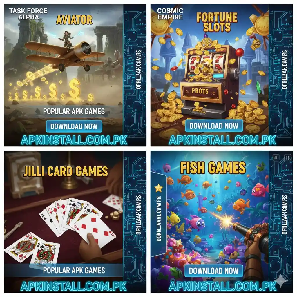PAK1947 Game showing popular APK games including Aviator, Fortune Slots, Jilli card games, and fish games