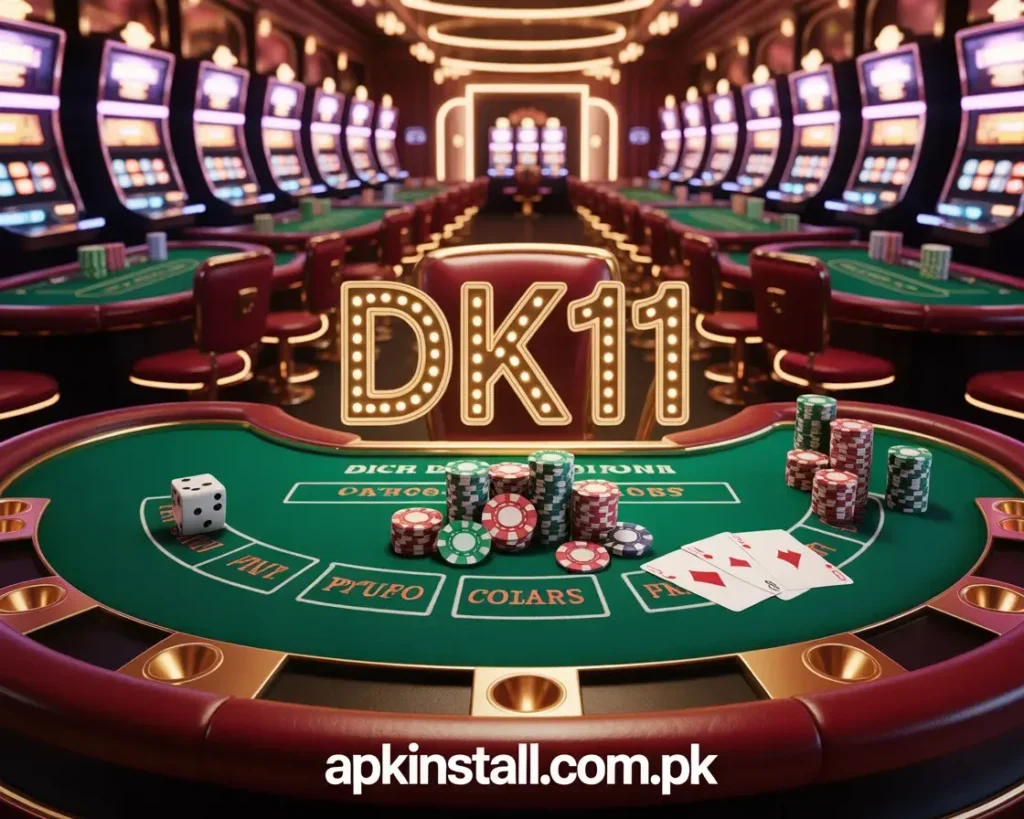 A high-quality 3D render of a luxury casino floor featuring the DK11 Game logo over a blackjack table with chips, cards, and dice.