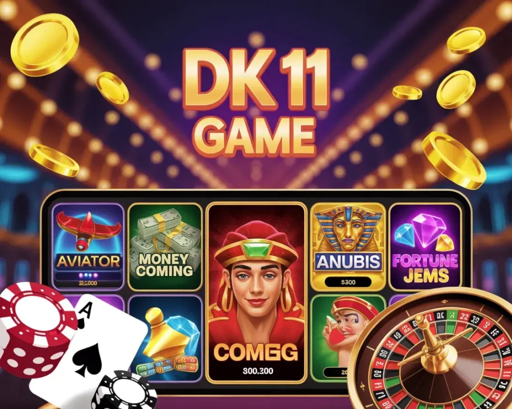 A mobile display of the DK11 Game interface showing game icons for Aviator, Anubis, and Fortune Gems alongside a roulette wheel and casino chips.