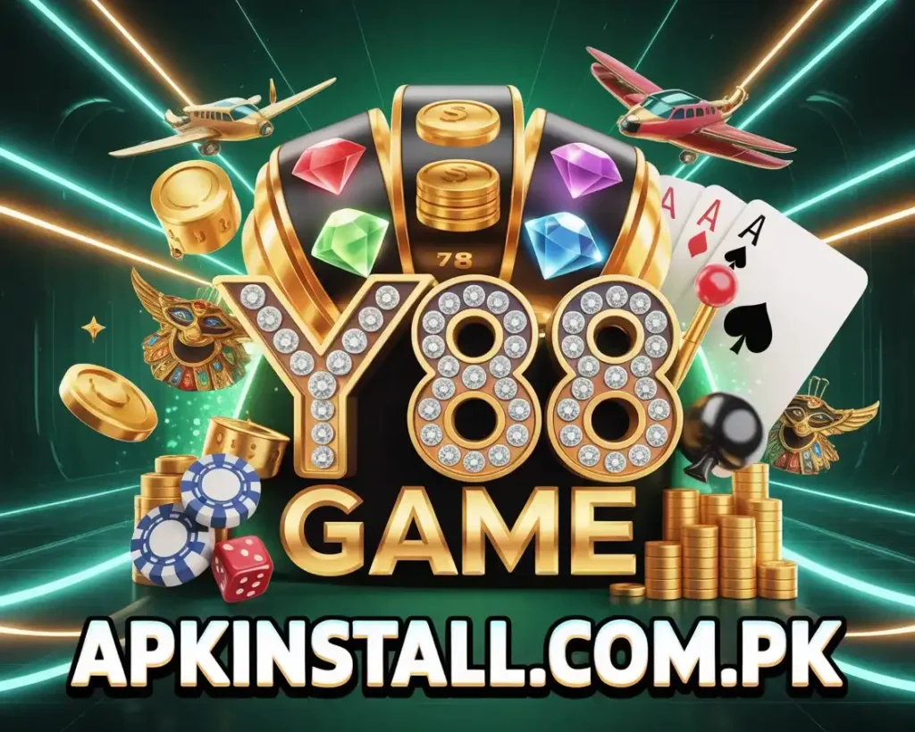 Y888 Game app banner featuring a diamond-studded slot machine, gold coins, and ace playing cards for Android download.
