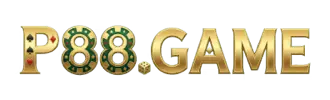 Gold metallic P88 GAME logo featuring gambling motifs such as card suits, casino chips, and a small die against a white background.