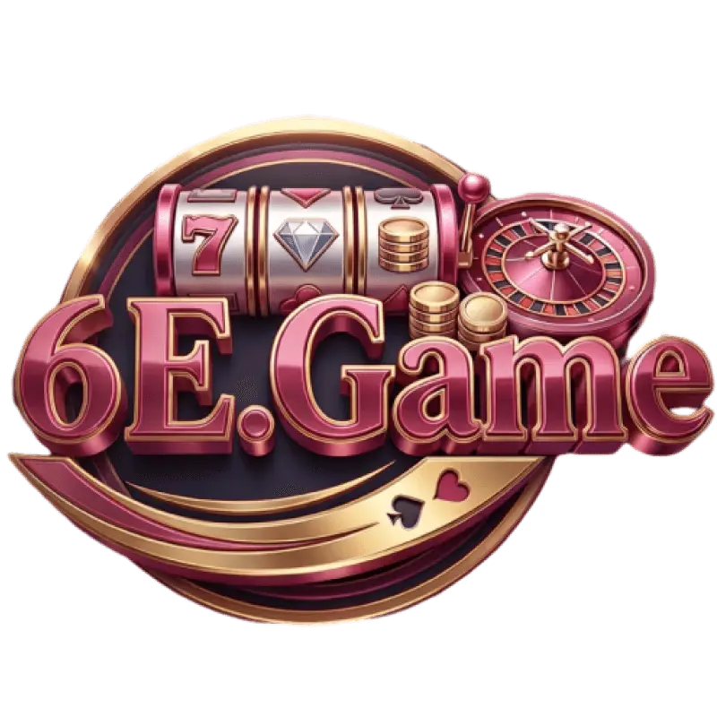 3D logo for 6E Game featuring metallic rose gold and pink lettering with slot machine reels, a roulette wheel, and gold coins.