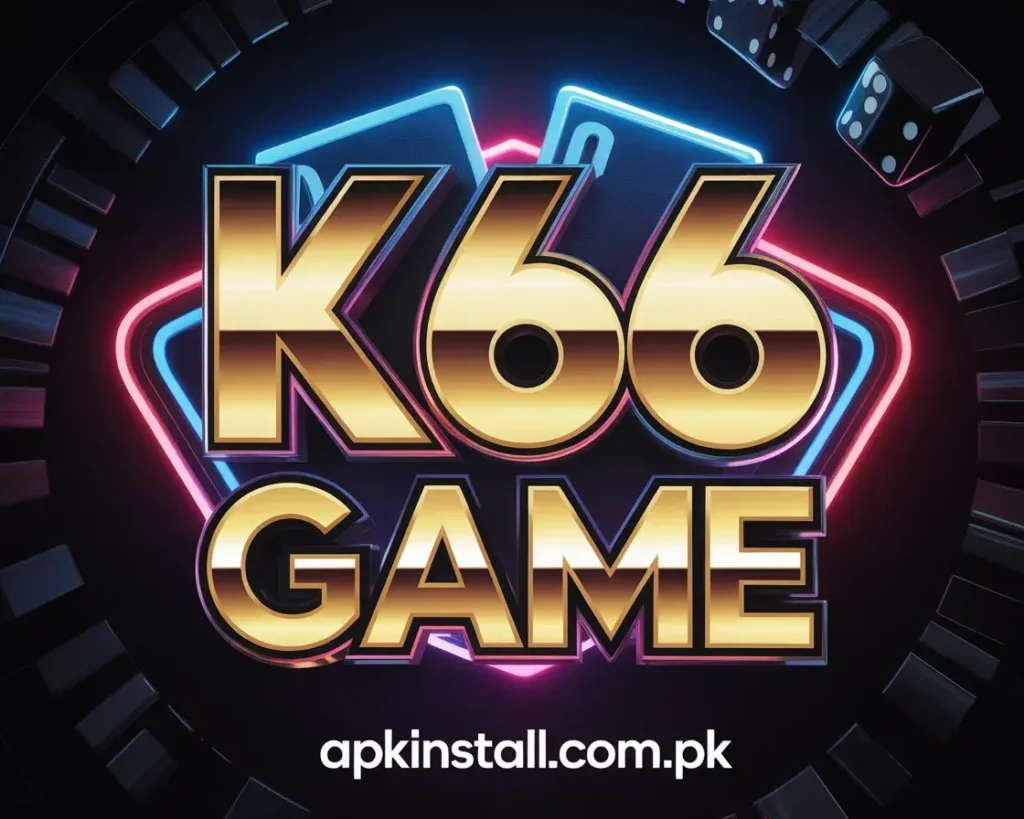 Golden 3D K66 Game logo with neon pink and blue borders featuring playing cards and dice on a black background.