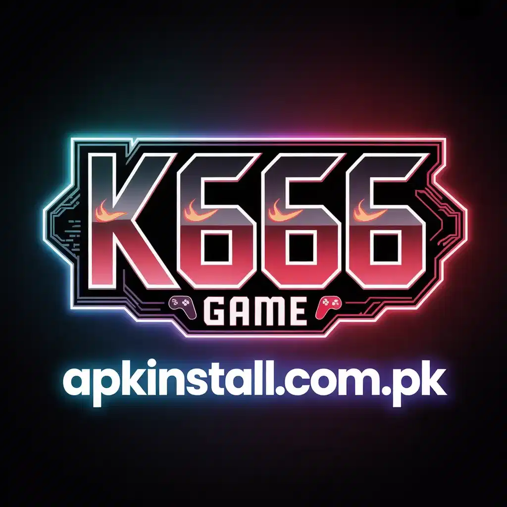 K666 Game logo with neon blue and pink borders, featuring the website link apkinstall.com.pk for Android APK downloads.