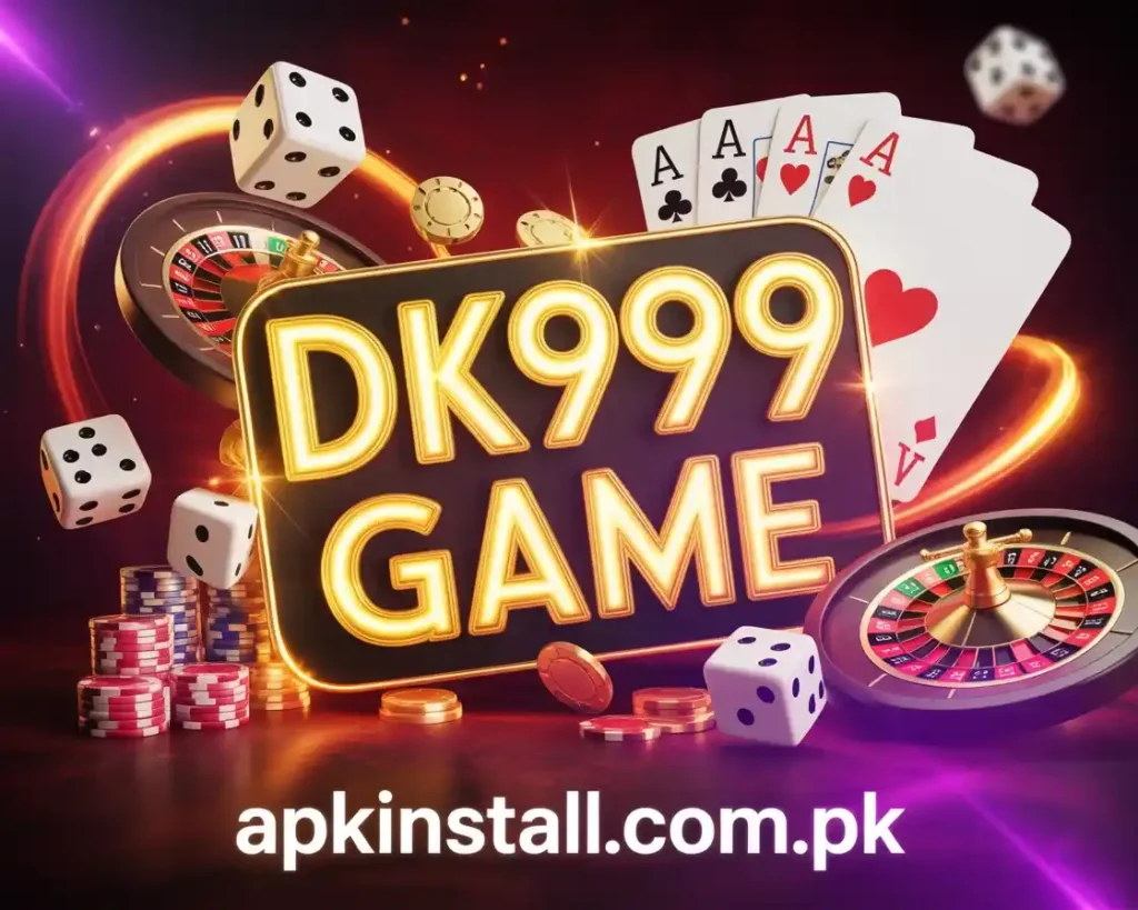 DK999 Game logo with 3D gold lettering, casino chips, playing cards, and a slot machine icon for APK download.