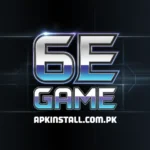 6E Game logo featuring metallic blue and silver chrome lettering with the website link apkinstall.com.pk on a dark digital background.