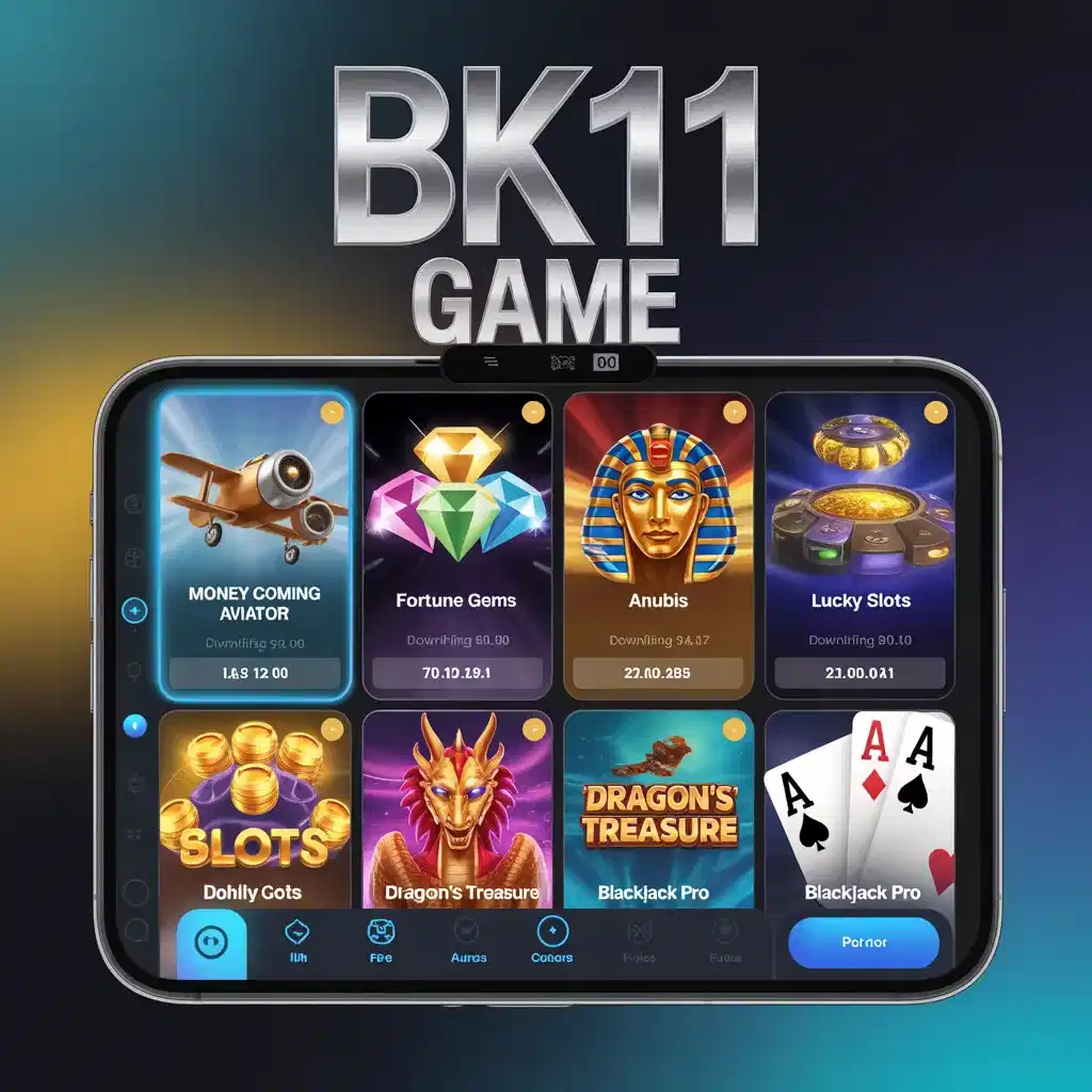 Mobile tablet screen showing the BK11 Game library interface with games like Money Coming Aviator, Fortune Gems, Anubis, Lucky Slots, and Blackjack Pro.