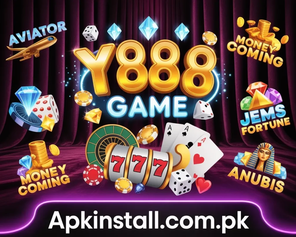 Y888 Game dashboard showing Aviator, Money Coming, Jems Fortune, and Anubis slots with 777 reels and poker cards.