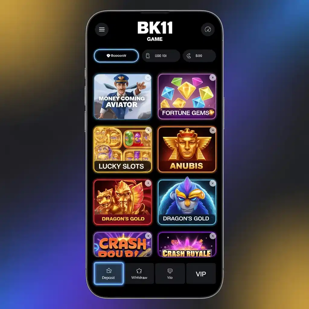 A smartphone displaying the BK11 Game app interface with a dark theme, featuring game tiles for Fortune Gems and Dragon's Gold, and bottom navigation buttons for Deposit, Withdraw, and VIP.