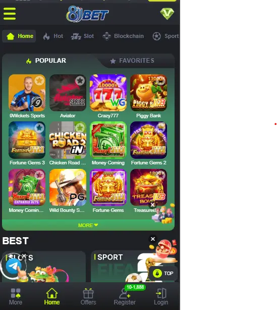 8JBet Pakistan app interface showing popular games like 9Wickets Sports, Aviator, and Fortune Gems for local users.