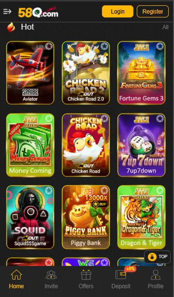 Interface of 58Q.com online gaming platform featuring popular slot and crash games like Aviator, Chicken Road, and Fortune Gems.