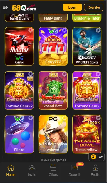 Mobile interface of 58Q game showing a list of hot games including 9Wickets Sports, Fortune Gems 2, and Plinko by WG.