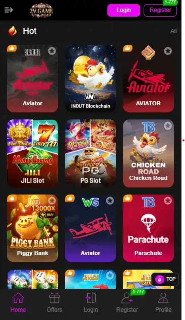 Mobile app interface for 2V Game featuring a grid of popular titles including Aviator, Piggy Bank, and JILI Slots with a dark theme.
