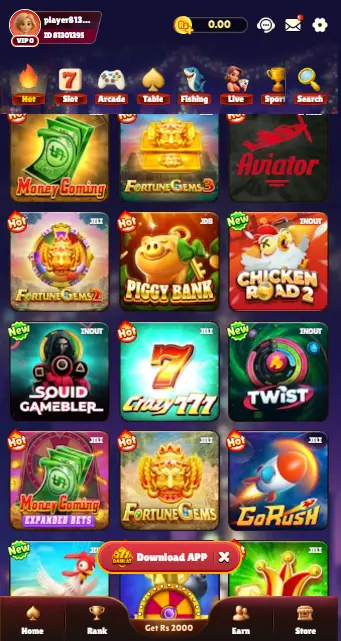 Dashboard of Daulat 777 Game app showing games like Aviator, Fortune Gems, and Money Coming on apkinstall.com.pk.