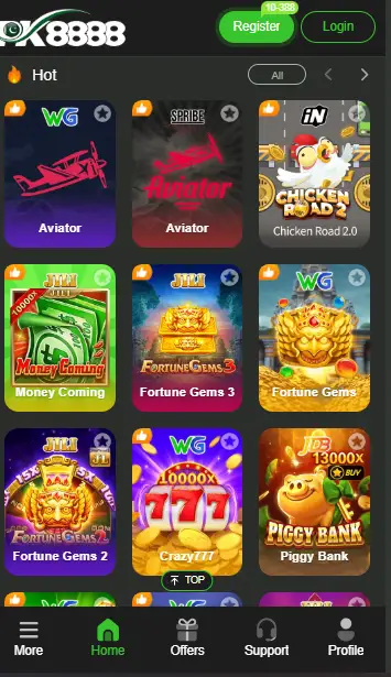 Mobile interface of PK8888 Game showing popular titles like Aviator, Fortune Gems, and Money Coming.