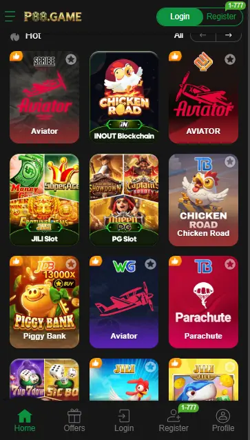 Mobile interface of the P88 GAME platform showcasing various online casino games including Aviator, Chicken Road, Piggy Bank, and JILI slots with a dark theme and green accents.
