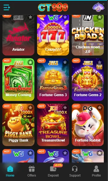 Mobile interface of the CT999 Game app showing a grid of popular games like Aviator, Crazy 777, and Fortune Gems.