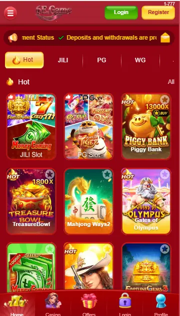 Mobile app interface for 6E Game showing a library of online slot games including JILI Slot, Piggy Bank, and Gates of Olympus on a red themed background.