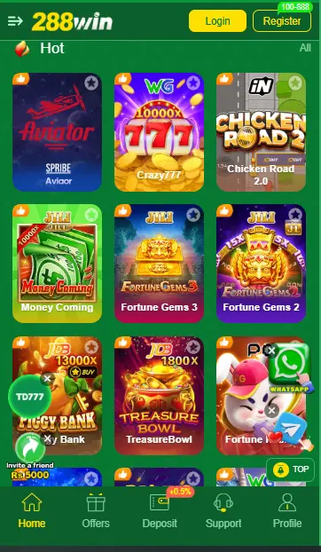 288 Win Game app lobby on a green background featuring game icons for Aviator, Crazy 777, Chicken Road 2, Money Coming, Fortune Gems, Piggy Bank, and Treasure Bowl with navigation for Home, Offers, and Deposit.