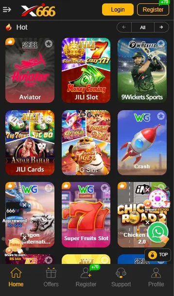 Smartphone screenshot of the X666 Game app dashboard showing various games like Aviator, JILI Slots, 9Wickets Sports, and PG Slot.