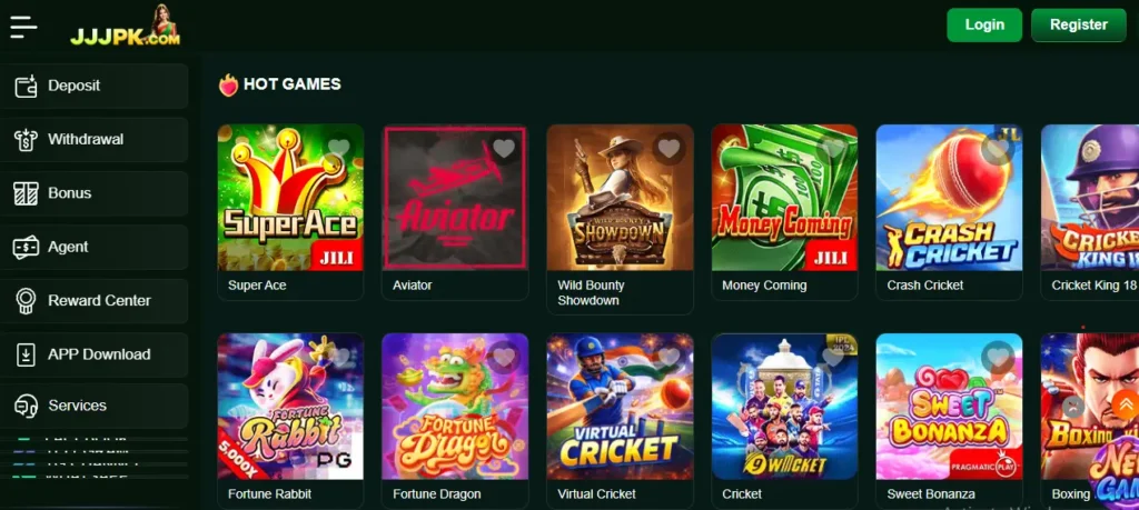 JJJPK Game dashboard displaying a collection of hot games including Super Ace, Aviator, Fortune Rabbit, and Virtual Cricket on a dark themed interface.