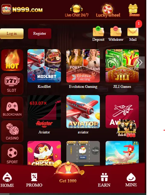 Screenshot of the N999.com mobile app interface showing Aviator, JILI Games, and Evolution Gaming options.