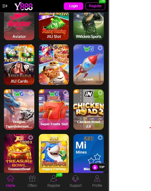 Mobile screenshot of the Y888 Game app lobby featuring Aviator, 9Wickets Sports, JILI Slots, and Dragon Tiger interface.