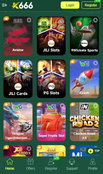 Mobile app interface for K666 Game showing a grid of online games including Aviator, JILI Slots, 9Wickets Sports, and Crash.