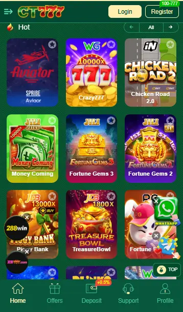 Mobile interface of CT777 game app showing a grid of popular slot and crash games including Aviator, Crazy 777, Fortune Gems, and Piggy Bank with deposit and support navigation icons.