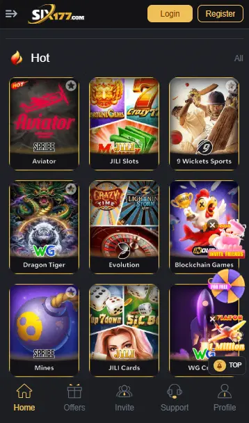 Dashboard of 6177 GAME featuring Aviator, JILI Slots, Dragon Tiger, and 9 Wickets Sports betting options.
