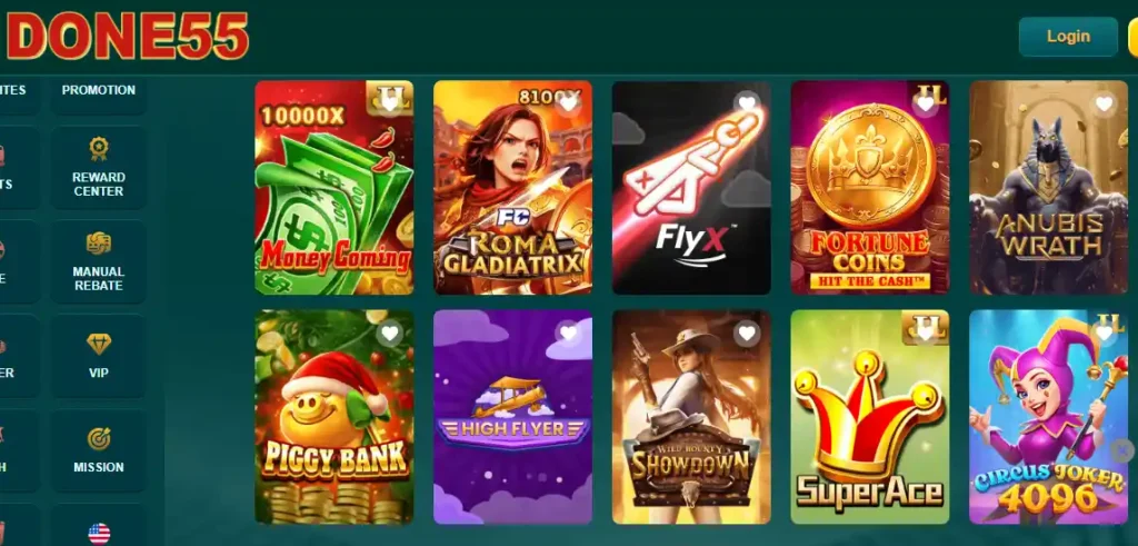 DONE55 GAME app dashboard displaying a variety of slot games including Roma Gladiatrix, Super Ace, and Piggy Bank with a VIP login menu.