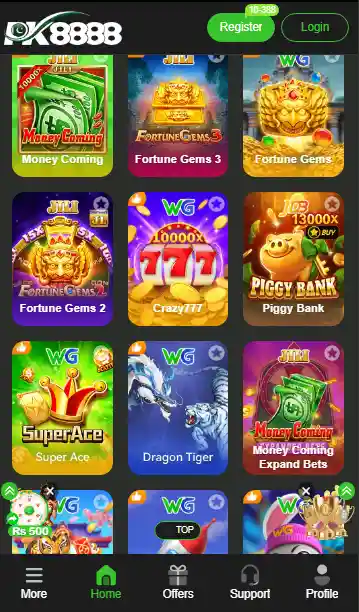 PK8888 Game app interface showing casino games like Dragon Tiger, Teen Patti, slots, and color prediction games
