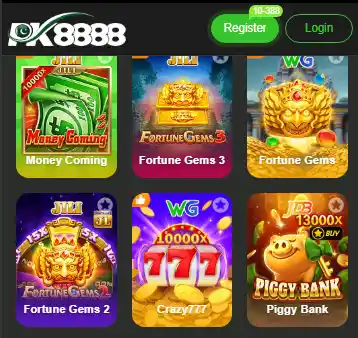 PK8888 Game home screen displaying slot games like Fortune Gems, Crazy777, and Piggy Bank