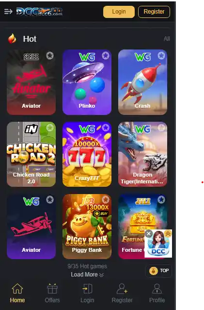 DCC6 Game APK interface showing home screen with Aviator, Plinko, and Crash games