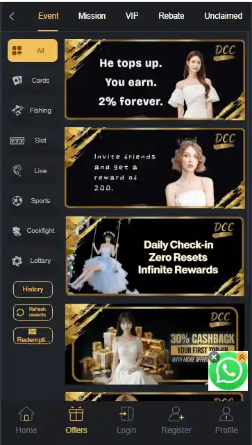 DCC6 Game APK offers screen showing bonuses, cashback rewards, and daily check-in features