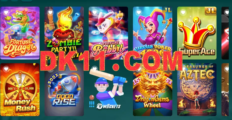 DK11 Game mobile interface featuring popular titles like Aviator, Anubis, and Fortune Jems with a roulette wheel and poker chips.