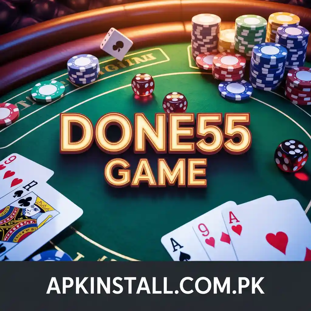 DONE55 GAME promotional banner featuring stacks of casino chips, rolling dice, and playing cards on a green felt table.