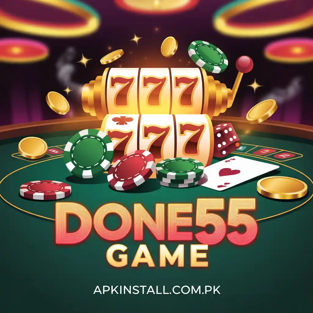 A vibrant DONE55 GAME promotional graphic featuring a 777 slot machine, poker chips, dice, and playing cards on a green casino table.