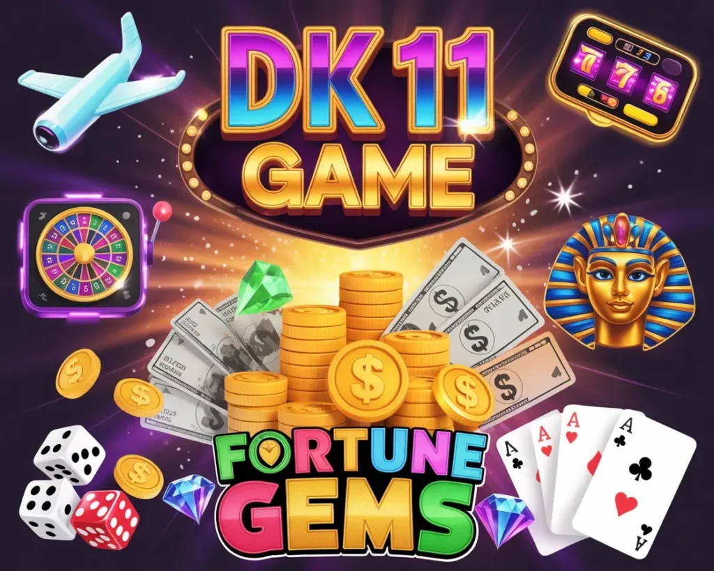 DK11 Game mobile app interface displaying a grid of games including Aviator, Money Coming, Anubis, and Fortune Jems with a roulette wheel and poker chips.