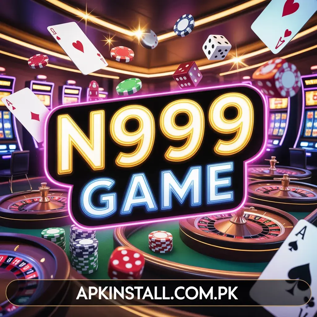 Vibrant N999 Game logo featuring casino elements like roulette wheels, playing cards, and dice, with a link to apkinstall.com.pk.