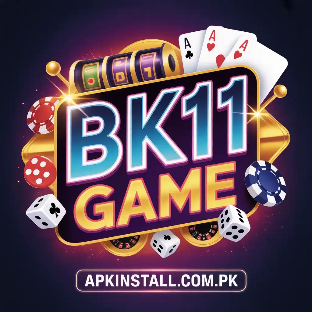 BK11 Game logo featuring a slot machine, playing cards, dice, and casino chips with the website apkinstall.com.pk on a dark background.